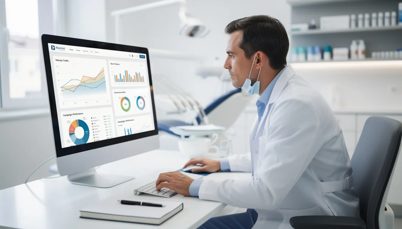 A dental professional is focused on a computer screen displaying a marketing analytics dashboard, analyzing key metrics related to patient acquisition and online visibility for their dental practice. The dashboard highlights the effectiveness of their digital marketing efforts, including social media campaigns and patient reviews, aimed at attracting new patients and ensuring practice growth.