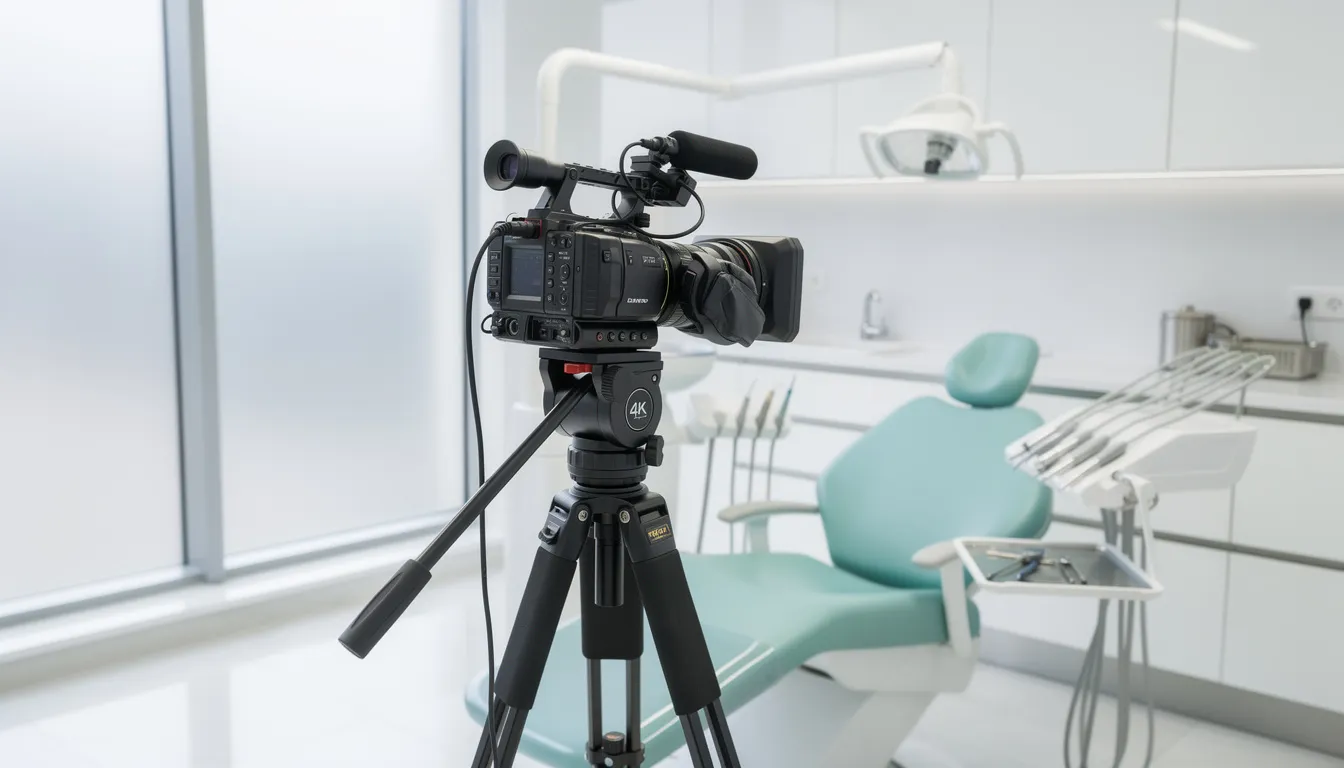 The image features a professional video camera mounted on a tripod in a modern, well-lit dental office, highlighting the importance of digital marketing services in cosmetic dentistry practices. This setup suggests a focus on creating engaging content to attract new patients and enhance the practice's online presence.