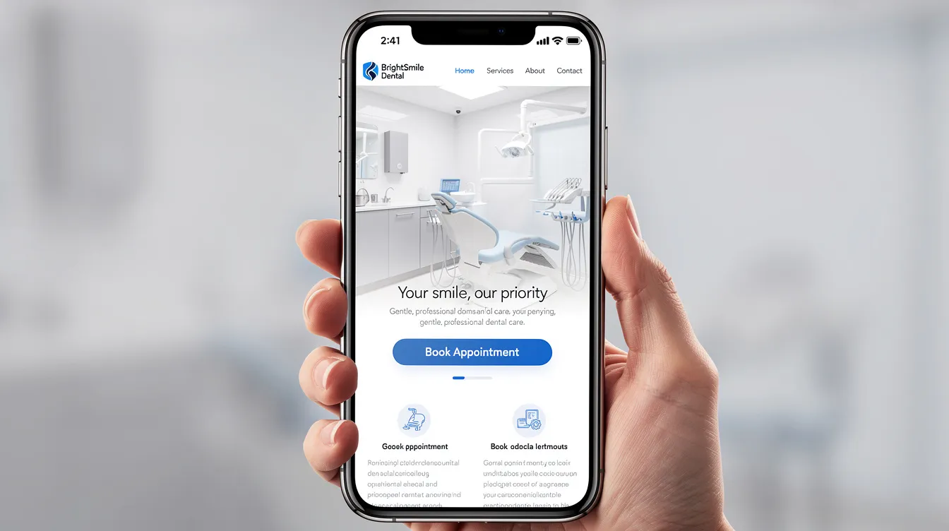 The image shows a smartphone screen displaying a clean and modern dental practice homepage, featuring a prominent booking button to enhance online visibility and attract new patients. This custom dental website design emphasizes user-friendly navigation and a professional layout, ideal for prospective patients seeking dental services.