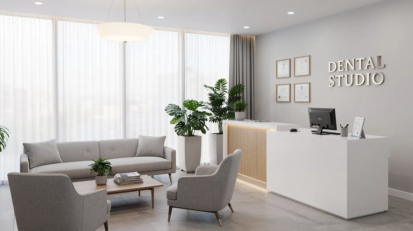 The image showcases a modern dental office reception area, featuring comfortable seating arrangements and ample natural light, creating a welcoming atmosphere for prospective patients. This design emphasizes a superior patient experience, aligning with the goals of a professional dental practice looking to enhance its online visibility and attract new patients.