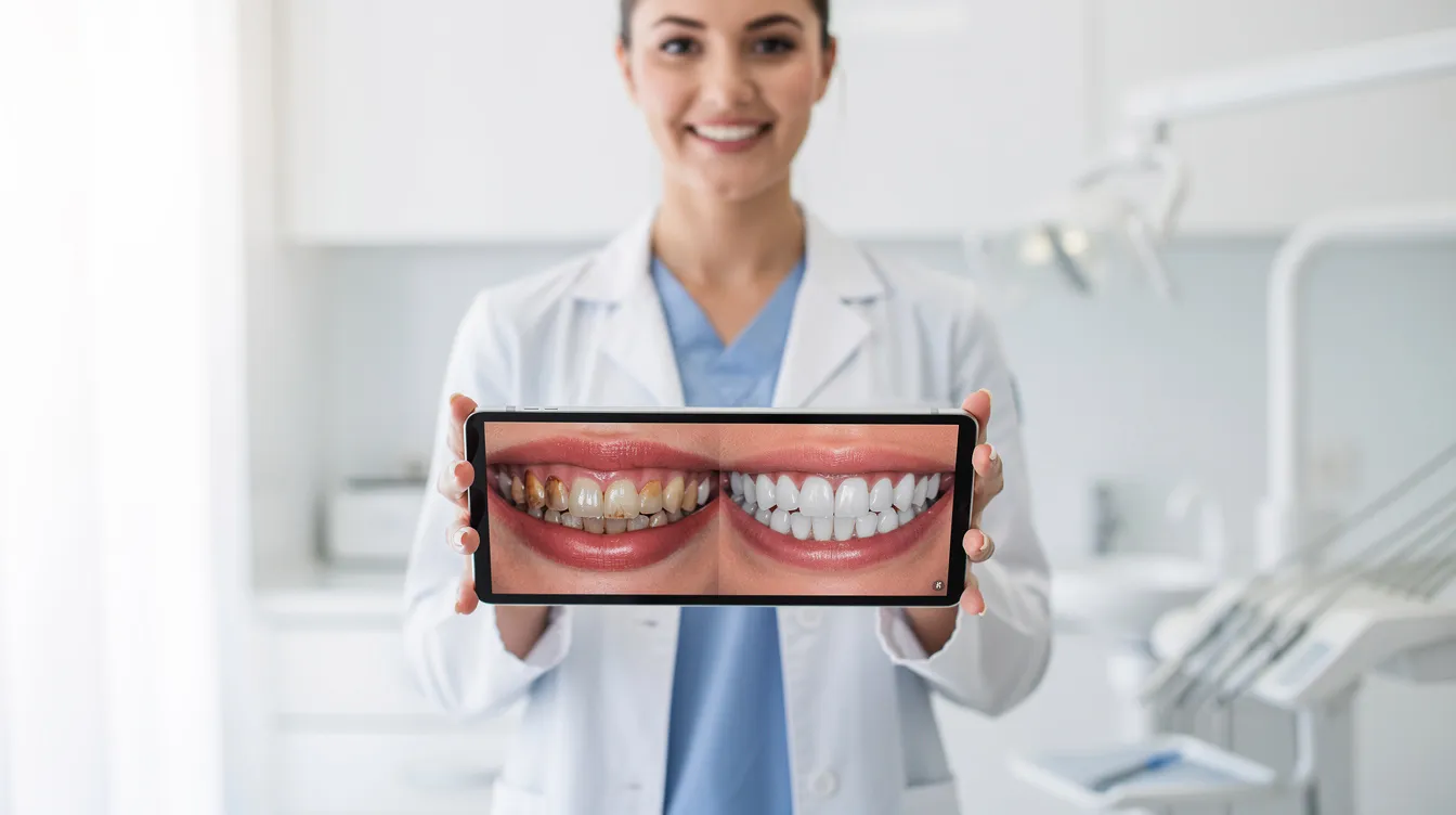 A dental professional is seen intently reviewing before and after smile photos on a tablet, highlighting the importance of showcasing patient testimonials and dental procedures on social media platforms for effective patient engagement and education. This practice reflects the integration of digital marketing strategies in modern dentistry to enhance visibility and attract potential patients.