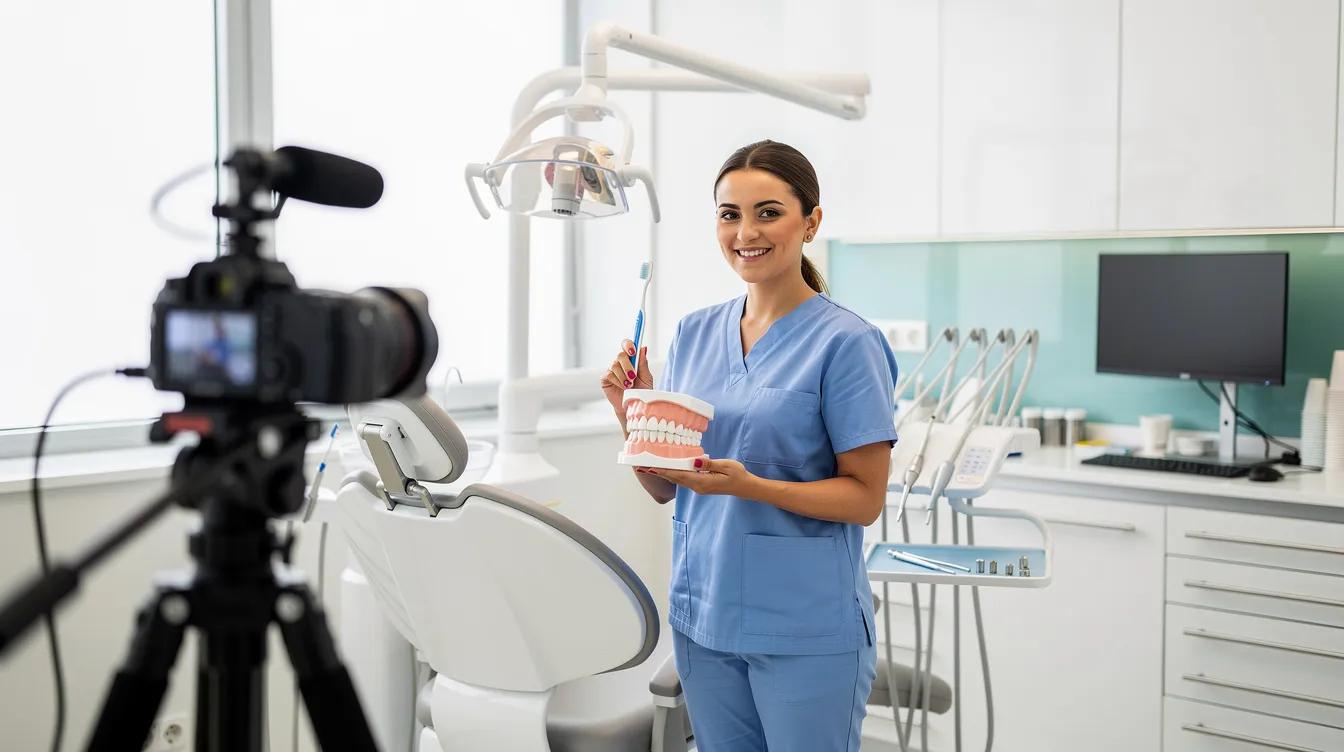 A dental team member is filming educational video content in a bright, modern dental office, showcasing their commitment to patient education and engagement through social media platforms. The setting emphasizes the importance of delivering informative content about dental care and procedures to potential patients.