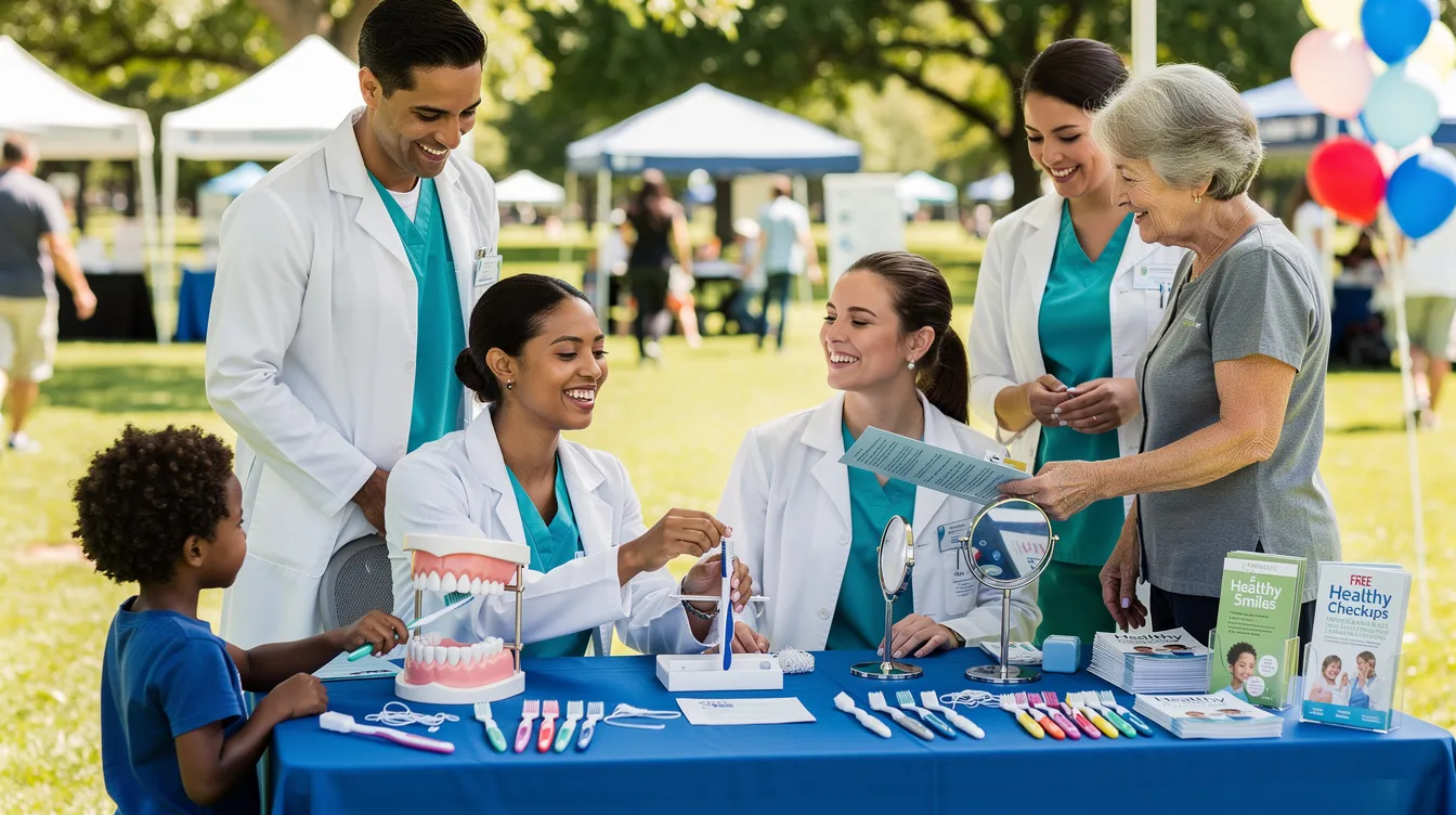 A dental team is actively engaging with the community at a local health fair outdoors, providing educational content about dental care and promoting their services. The scene captures dental professionals interacting with attendees, showcasing their commitment to patient education and community health.