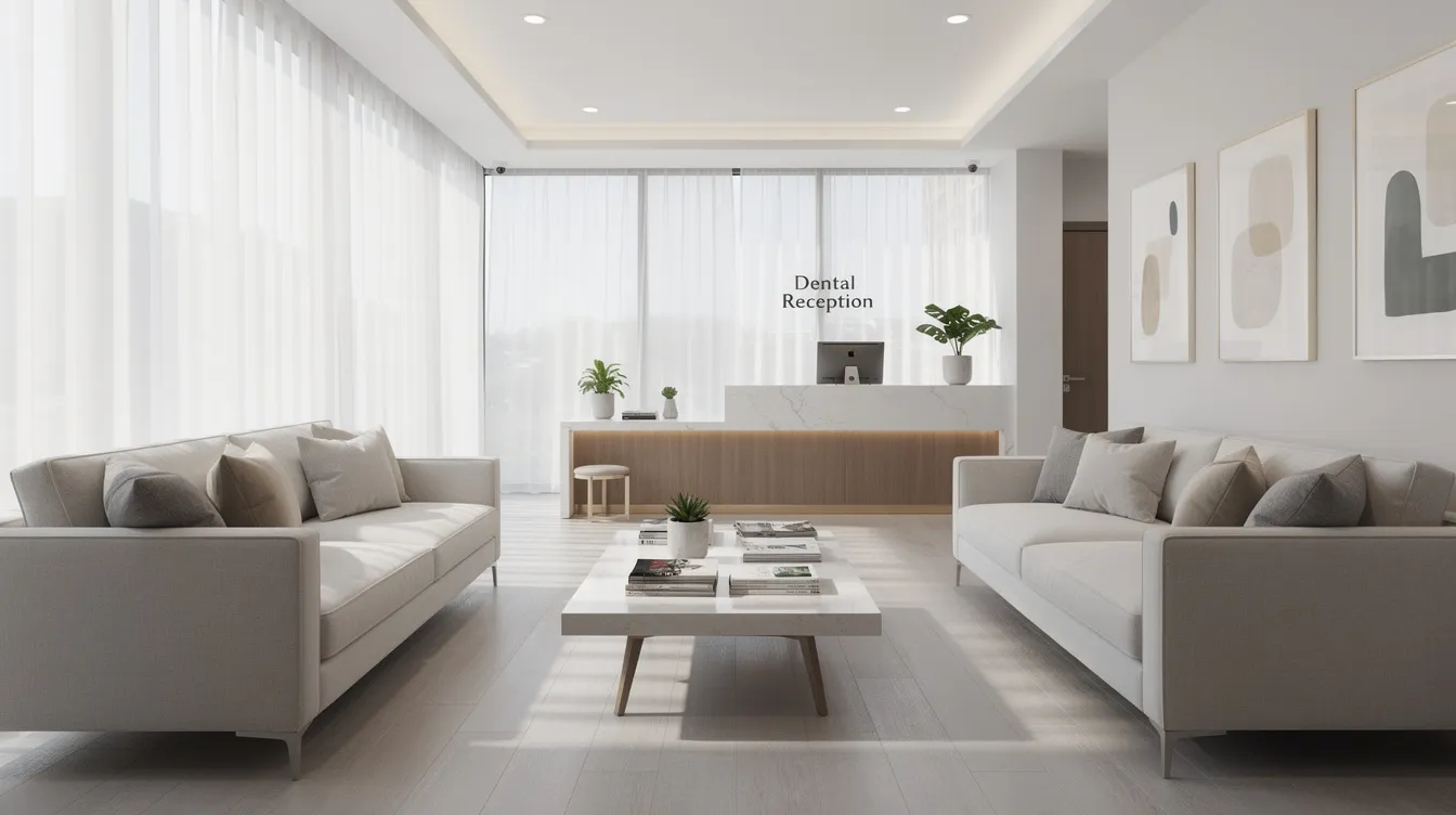 The image depicts a modern dental office reception area featuring comfortable seating and abundant natural lighting, creating a welcoming environment for new patients. This inviting space reflects the dental practice's commitment to patient experience and effective dental marketing strategies.