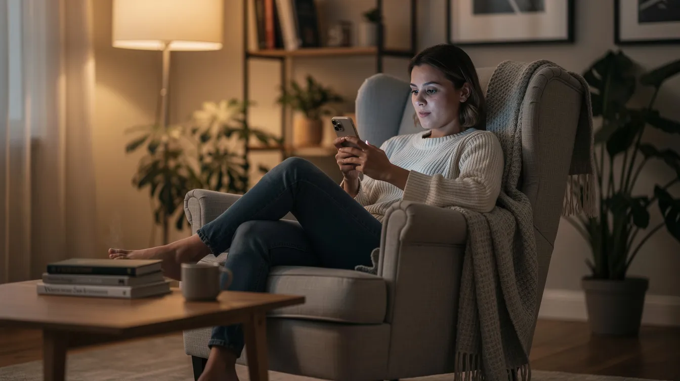 A person is comfortably seated while browsing on their smartphone, likely exploring dental services or researching effective dental marketing strategies to attract new patients. The cozy setting suggests a relaxed atmosphere conducive to engaging with online content related to dental practice growth and patient interactions.