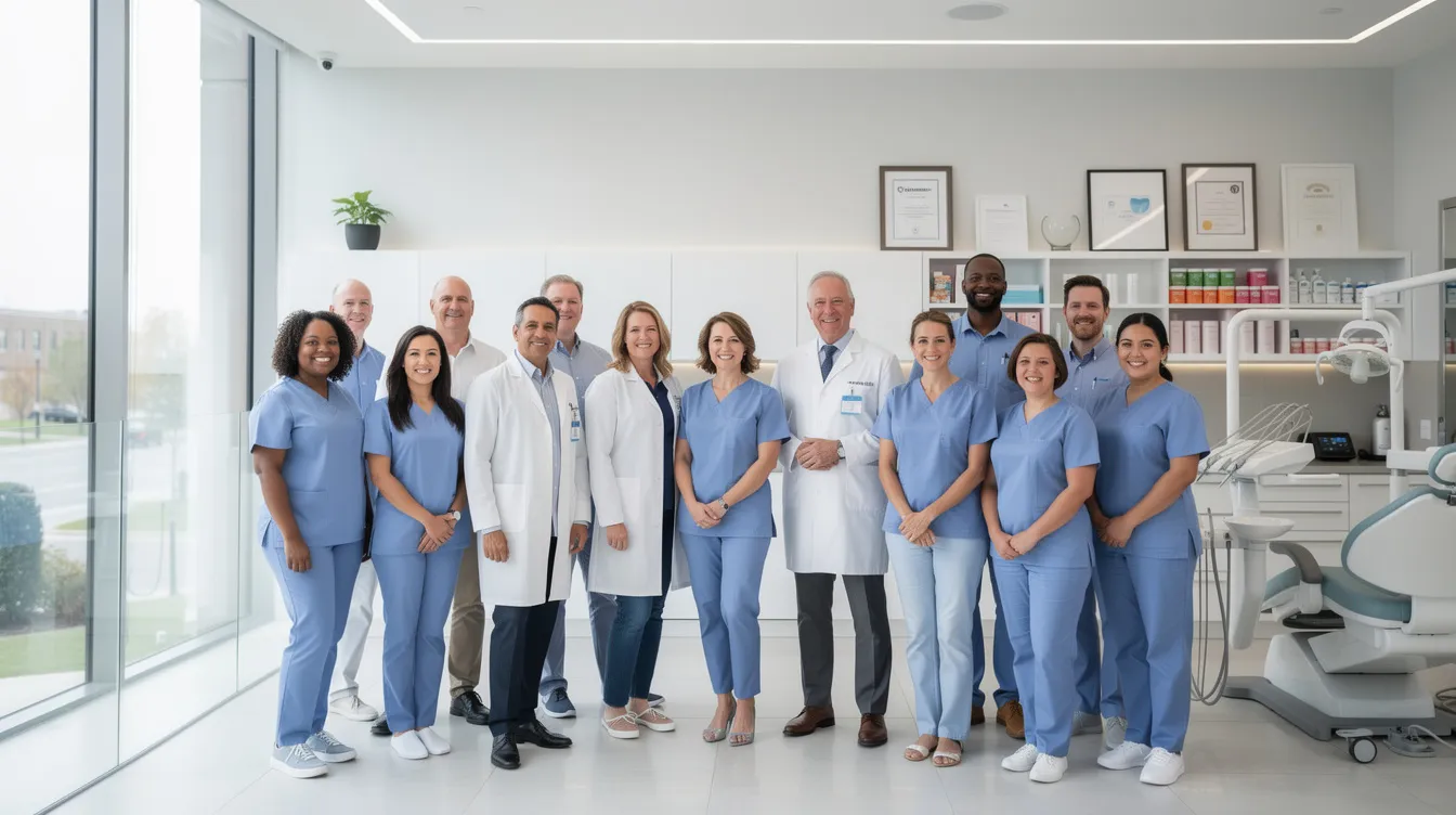 A professional dental team is posing together in a modern dental office, showcasing their commitment to oral health and patient care. The clean environment reflects the practice's dedication to providing excellent dental services and attracting new patients through effective marketing strategies.
