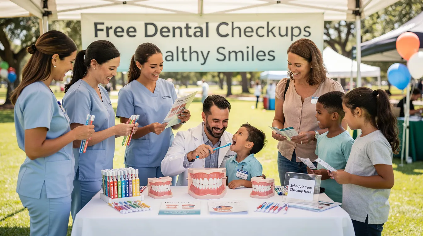 The image shows dental professionals engaging with families at a community health fair booth, promoting oral health tips and dental services to attract new patients. The friendly team members are providing information on effective dental marketing strategies and encouraging visitors to inquire about their dental practice's offerings.