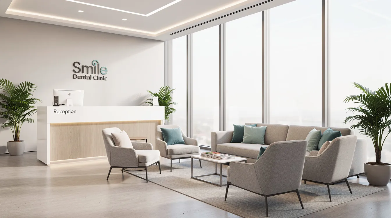 The image depicts a modern dental office reception area featuring comfortable seating and abundant natural light, providing a welcoming atmosphere for new patients and current patients alike. This inviting waiting room emphasizes the importance of creating a positive first impression in dental marketing and patient retention efforts.