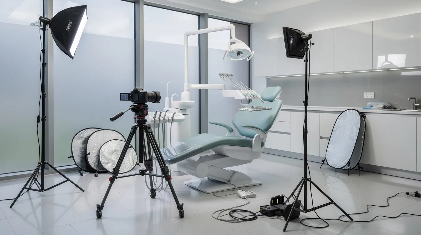 The image features a professional camera equipment setup in a modern dental office, highlighting the integration of technology in dental practices for enhanced patient engagement and marketing efforts. This setup reflects the importance of high-quality visuals in promoting custom dental websites and improving online presence to attract potential patients.