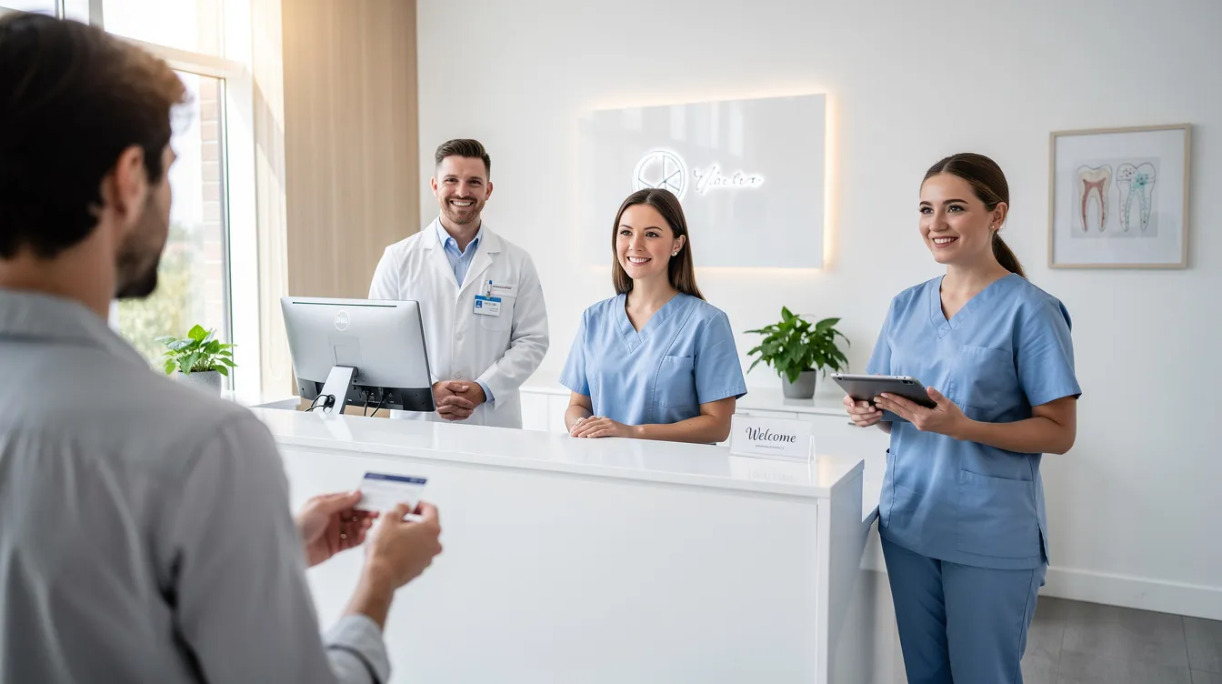 A friendly dental team welcomes a new patient at the front desk of a modern dental practice, showcasing a professional environment designed to enhance patient experience. The practice emphasizes patient engagement and security, reflecting the importance of a well-designed dental website for attracting new patients.