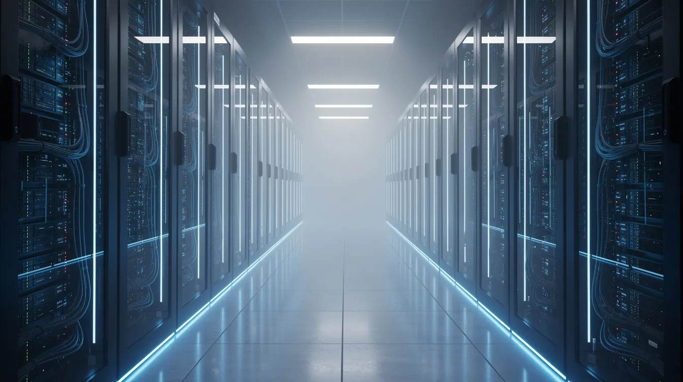 The image depicts a modern data center filled with rows of servers illuminated by blue lighting, representing the backbone of digital infrastructure essential for hosting services. This setup is crucial for maintaining the online presence of dental practices, ensuring fast load times and secure access for new patients seeking dental websites and online booking options.
