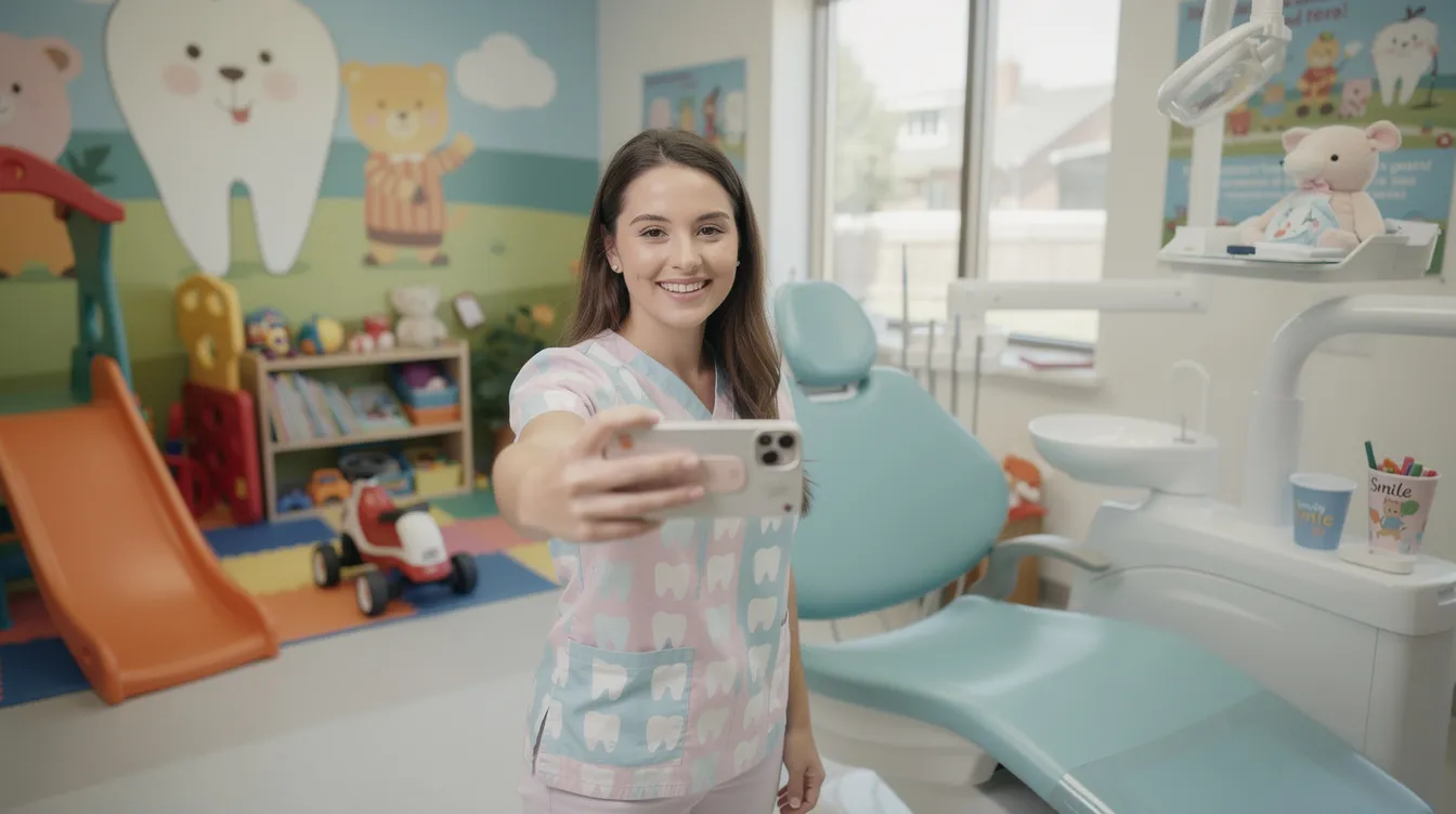 A dental team member is recording a short video in a vibrant pediatric dental office, featuring colorful play equipment and a friendly atmosphere designed for children. This pediatric dental practice emphasizes community engagement and aims to connect with patient families through fun, informative content.
