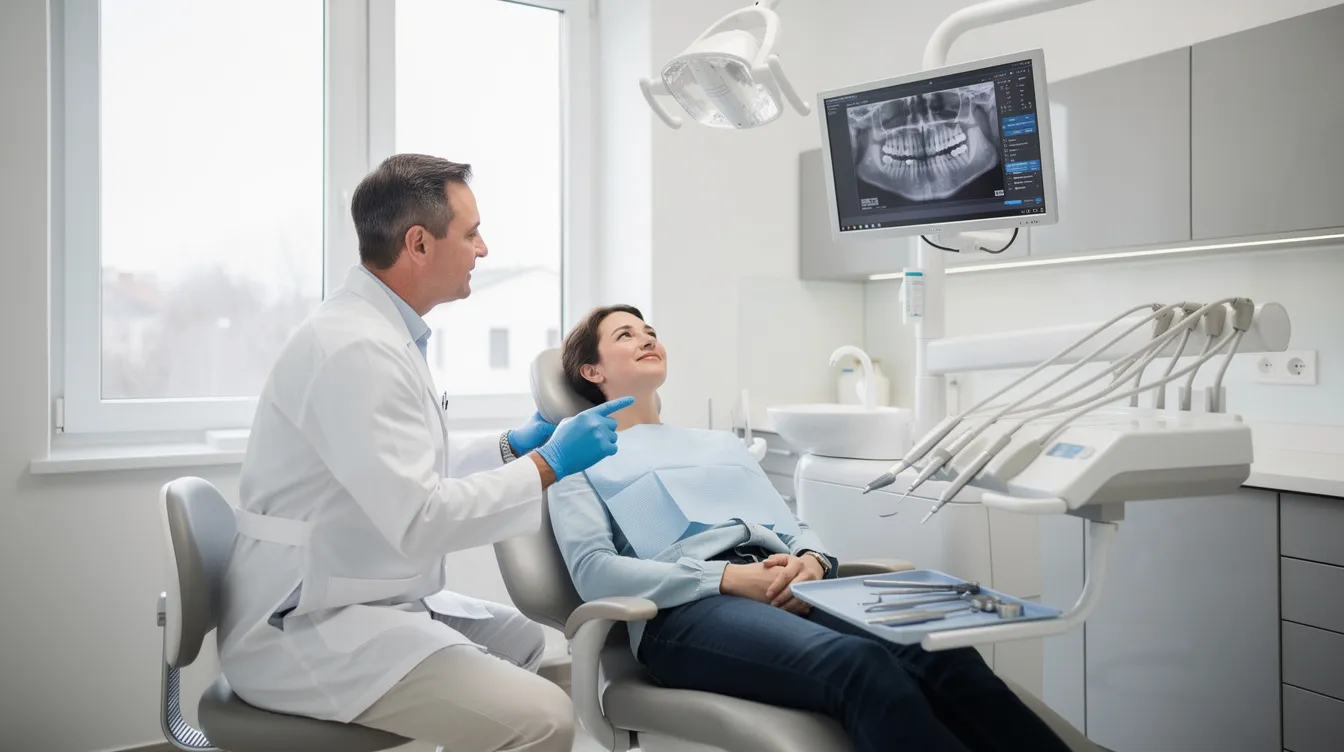 A dentist is consulting with a patient in a bright, modern treatment room, highlighting a professional and welcoming atmosphere typical of contemporary dental clinics. The scene emphasizes the importance of patient engagement and comfort in the dental practice, reflecting the need for well-built dental websites to enhance the patient experience.