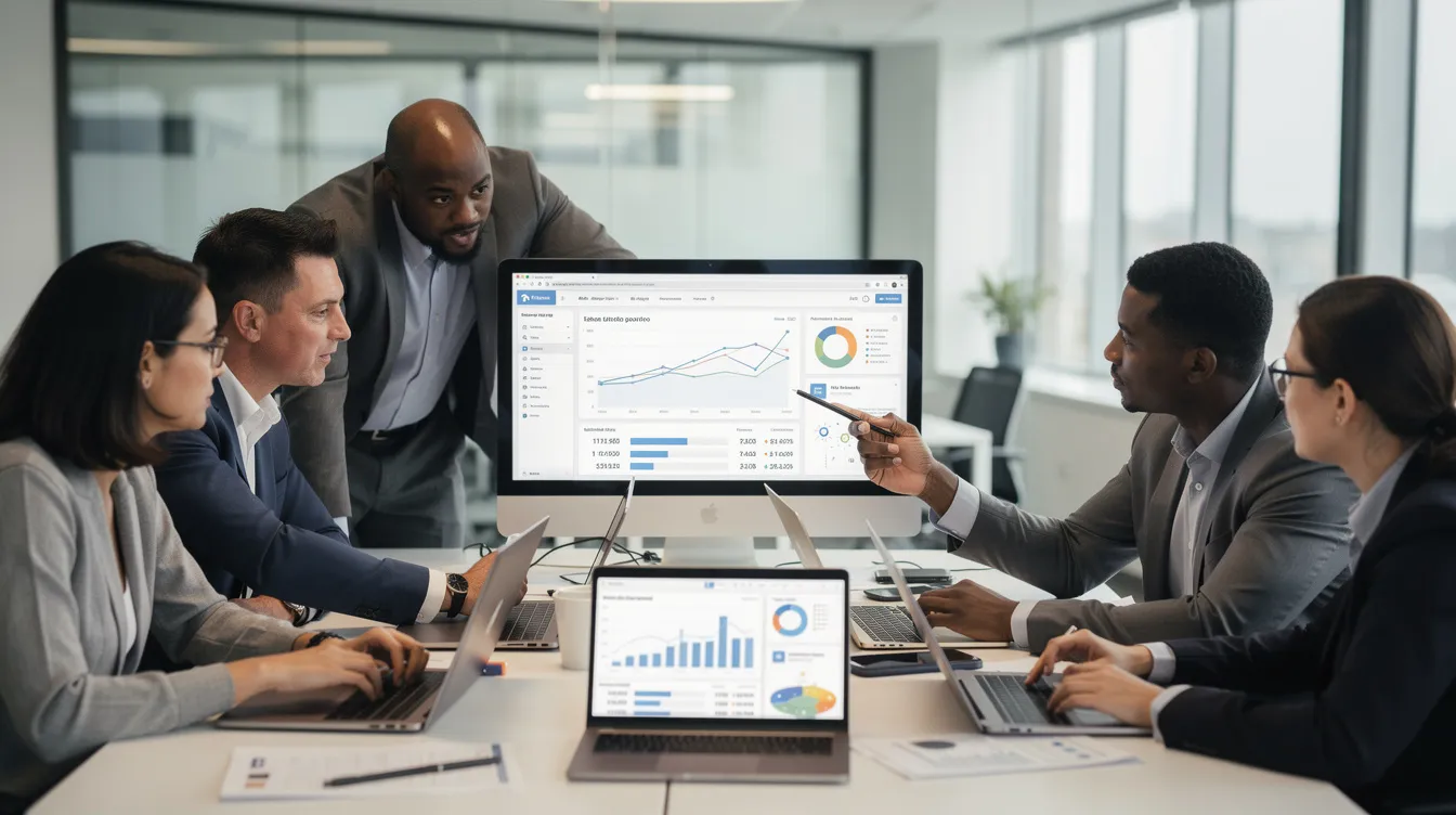 A professional marketing team is gathered around computer screens, analyzing website analytics to enhance the digital presence of dental practices. They focus on key features like patient engagement and search engine optimization to improve the effectiveness of custom dental websites.