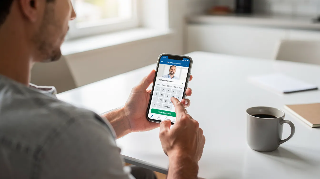 A person is using a smartphone to book a dental appointment online, showcasing the convenience of modern dental websites that offer online scheduling features. This reflects the importance of a well-built dental website in enhancing patient engagement and streamlining appointment requests for dental practices.