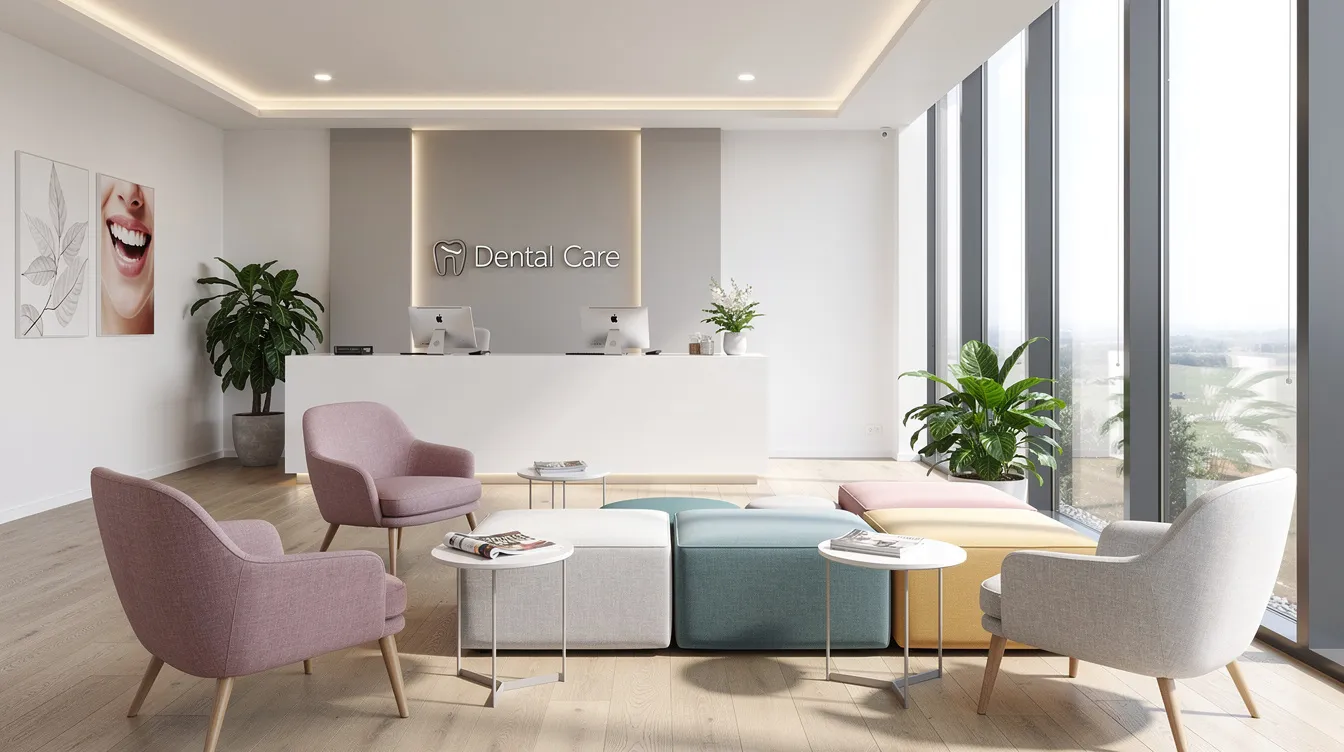 The image depicts a modern dental office reception area featuring comfortable seating and ample natural light, creating a welcoming environment for patients. This well-designed space reflects the importance of patient experience in dental practices, emphasizing a professional atmosphere that supports long-term growth and engagement.