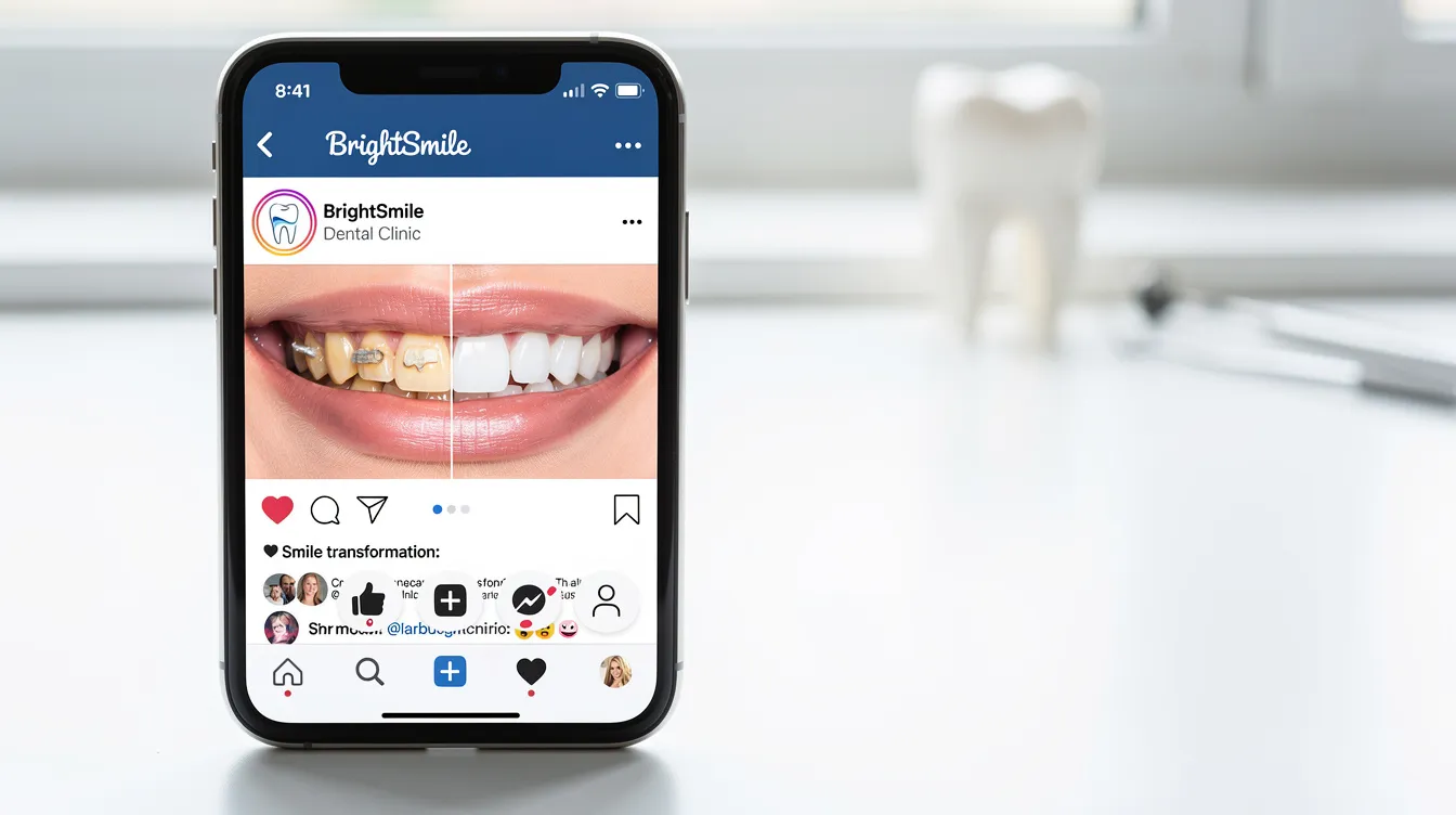 The image shows a smartphone displaying a vibrant social media feed from a dental practice, featuring before-and-after photos of smile transformations, which highlights the practice's commitment to cosmetic dentistry and patient engagement. This digital marketing strategy effectively attracts potential patients by showcasing successful dental procedures and promoting oral health tips through engaging content.