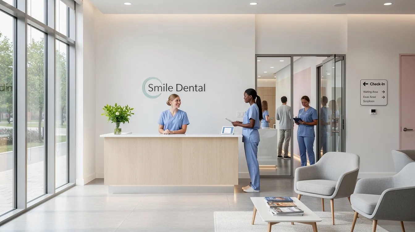 The image depicts a modern dental office reception area where friendly staff members warmly greet patients, creating an inviting atmosphere. This setting reflects the importance of patient engagement in the dental industry, highlighting effective marketing strategies for attracting new patients and promoting dental services.