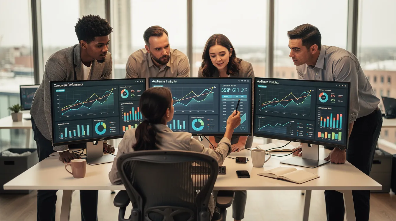 A diverse team of marketing professionals is gathered around a table, intently reviewing various analytics displayed on their computer screens. They are strategizing on how to enhance patient flow and attract more new patients to dental practice websites, ensuring effective marketing solutions for practice growth.