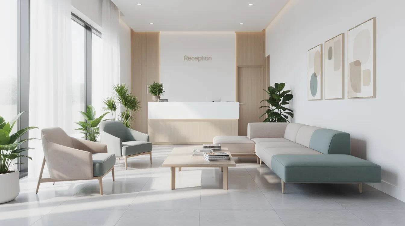 The image depicts a modern dental office waiting room featuring comfortable seating and ample natural lighting, creating a welcoming atmosphere for patients. This design promotes patient satisfaction and enhances the overall experience for new patients visiting the dental practice.