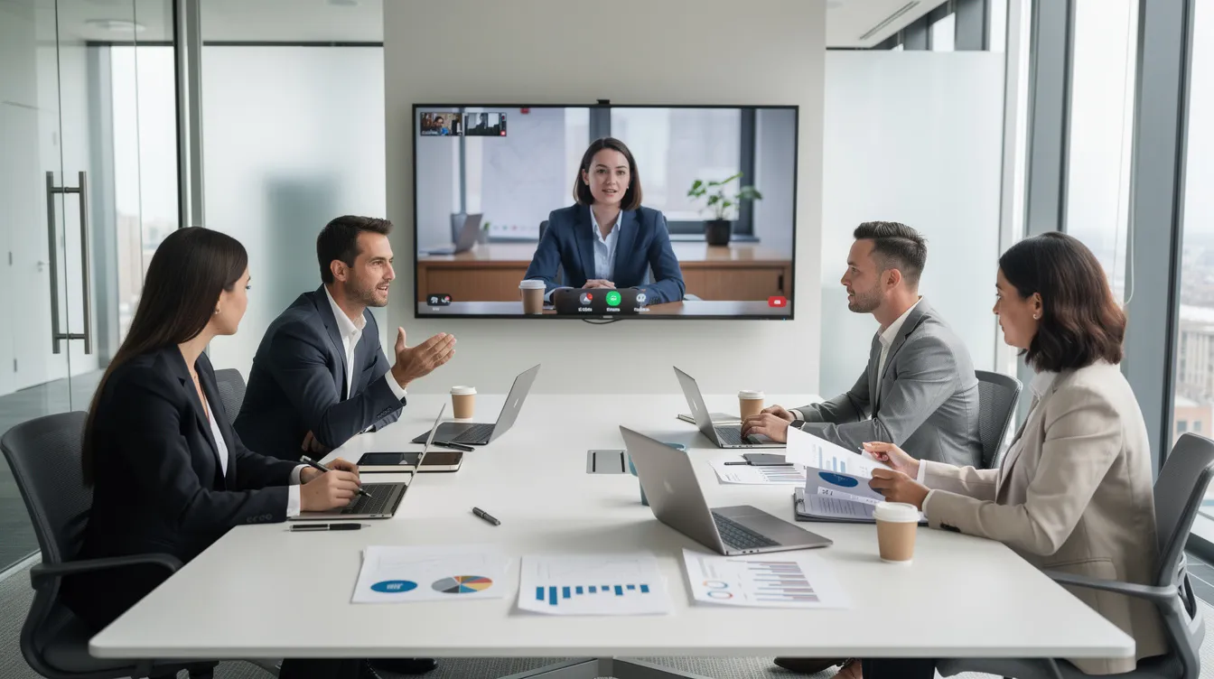 The image depicts a professional video consultation between a marketing team and a client from a dental practice, focused on discussing strategies for practice growth and improving patient flow. The setting suggests a collaborative atmosphere, highlighting the importance of tailored marketing solutions for attracting new patients and enhancing patient satisfaction through effective dental website design.