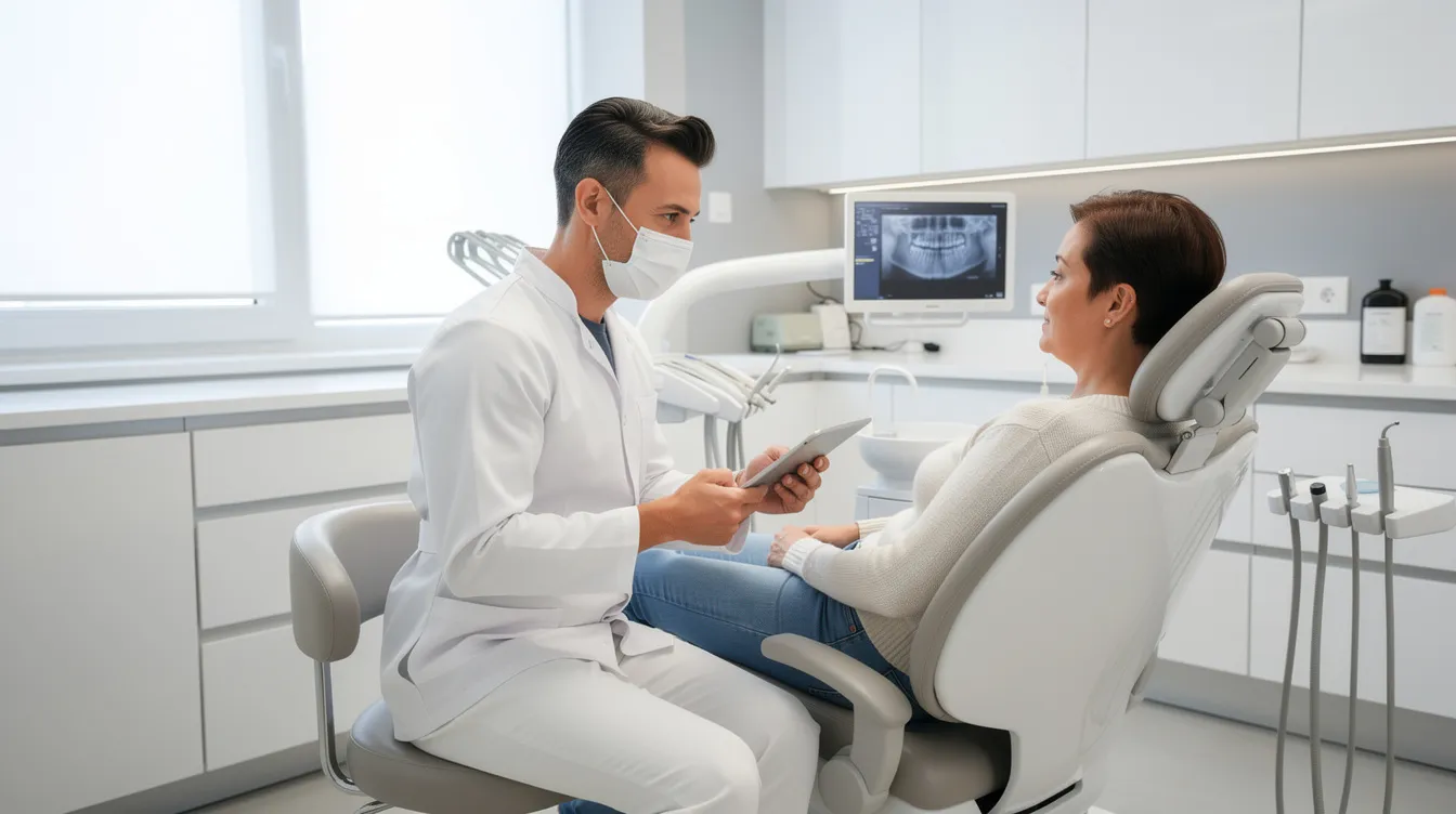 A dentist is consulting with a patient in a modern treatment room, equipped with advanced dental tools and a comfortable chair, emphasizing a professional and welcoming atmosphere for patient care. This setting reflects a dental practice focused on providing a great experience for new patients and enhancing their online visibility through effective dental website design.