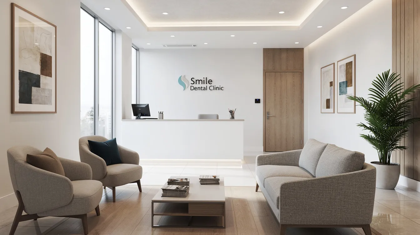 The image depicts a modern dental office reception area featuring comfortable seating and a sleek, contemporary design, creating an inviting atmosphere for new patients. This space is designed to enhance patient care and encourage visitors to explore the practice's services through a professional dental website.