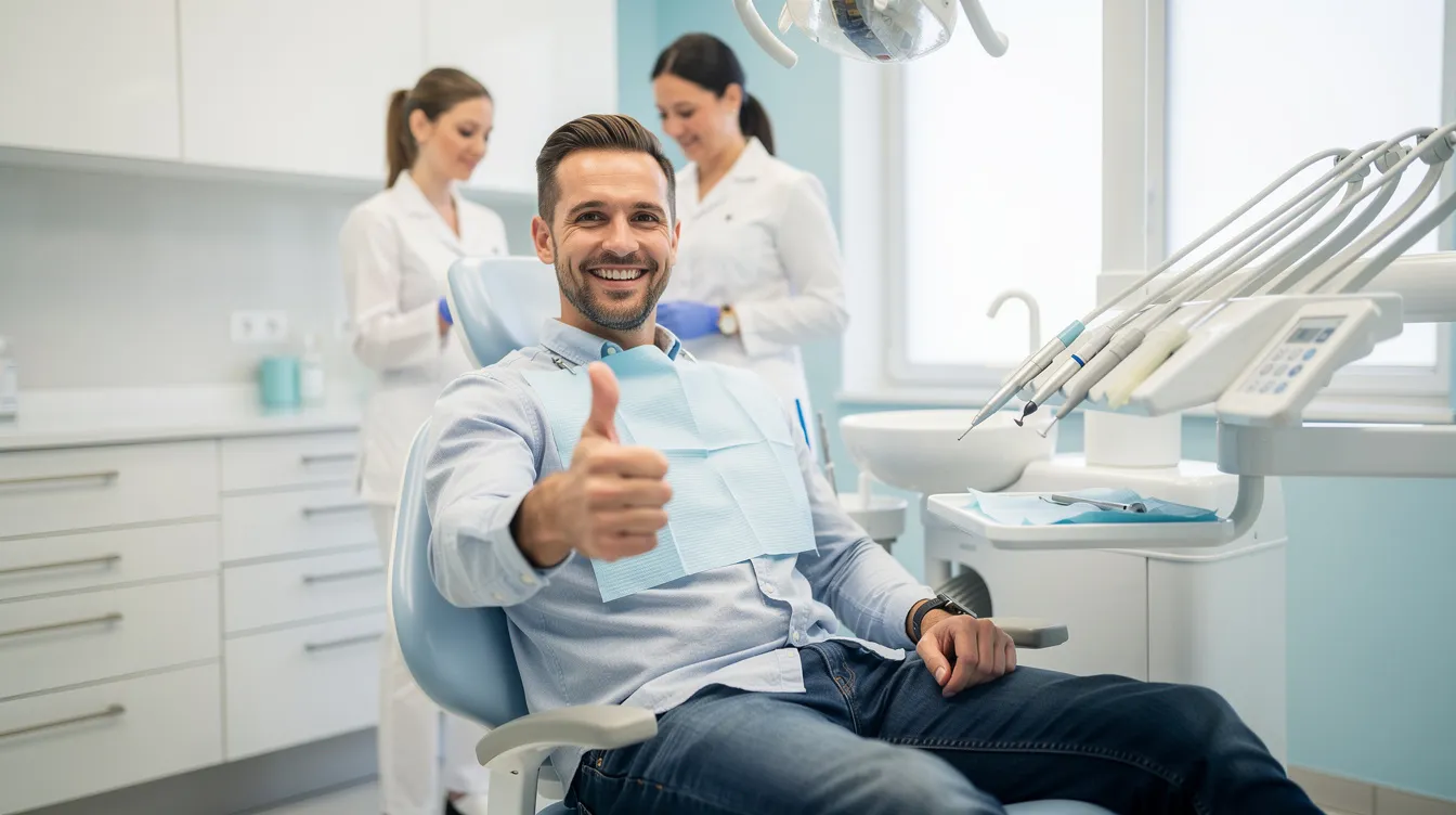 A smiling patient gives a thumbs up while sitting in a dental treatment chair, indicating satisfaction with their dental care experience. This positive patient interaction highlights the importance of patient satisfaction and engagement in a dental practice, contributing to practice growth and effective patient communication.