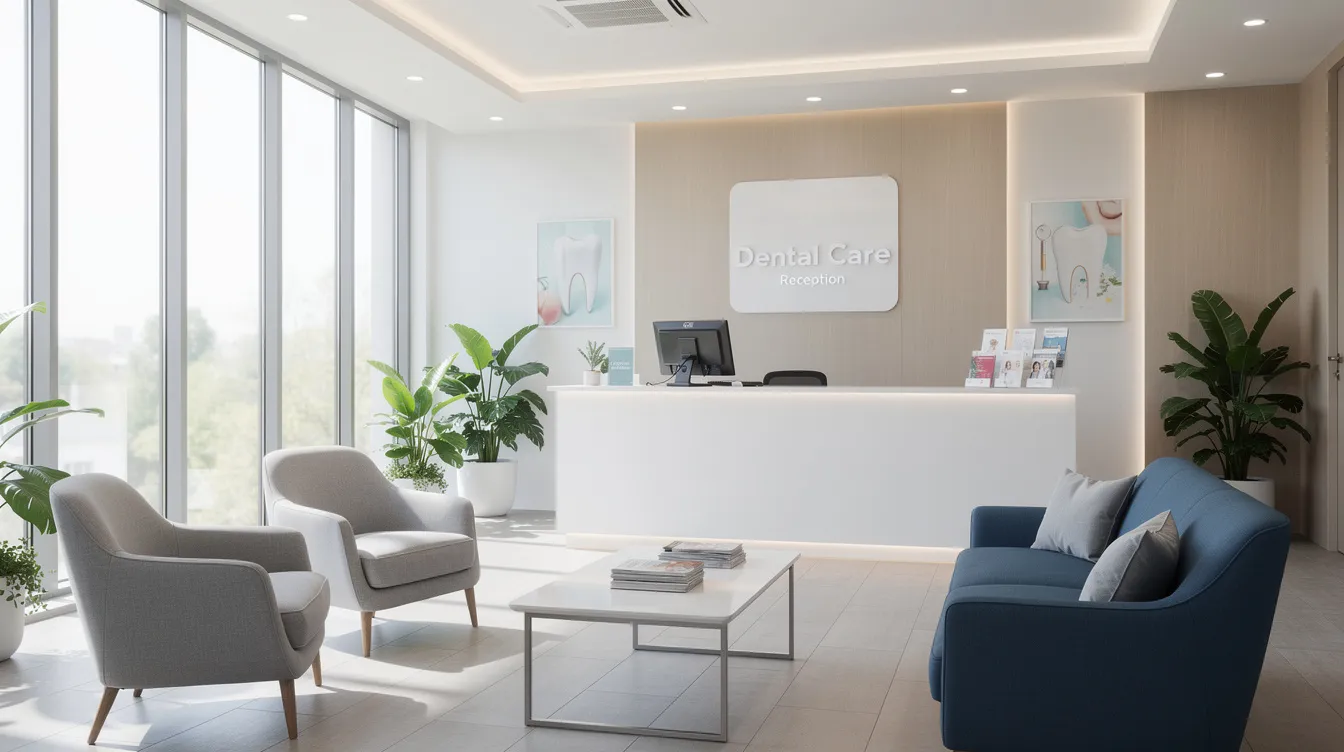 The image depicts a modern dental office reception area featuring comfortable seating and abundant natural lighting, creating a welcoming atmosphere for prospective patients. The clean layout and calming color palette enhance the overall impression of the dental practice, ideal for attracting new patients and ensuring a strong online presence.
