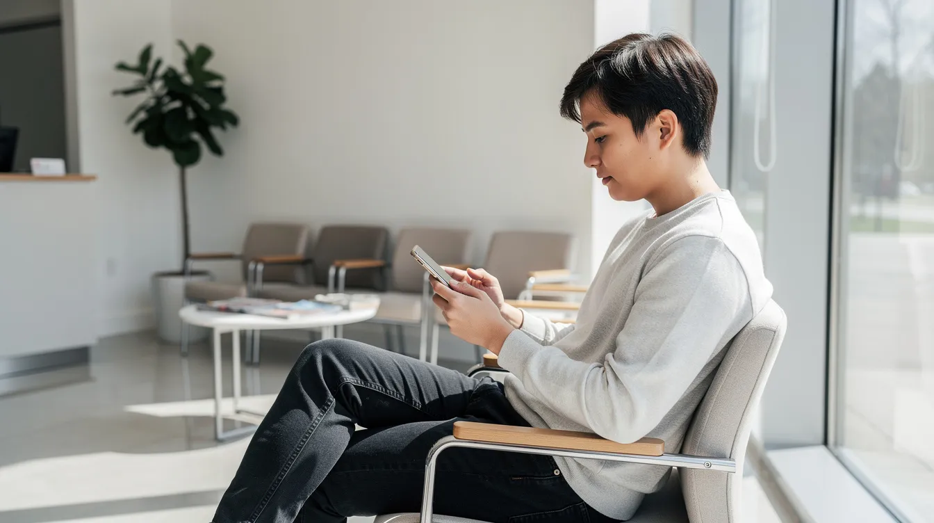 A person is sitting in a bright waiting room, browsing on a smartphone, potentially looking for dental practice websites to find a modern dentist. The clean layout and calming color palette of the room create a welcoming atmosphere for prospective patients.