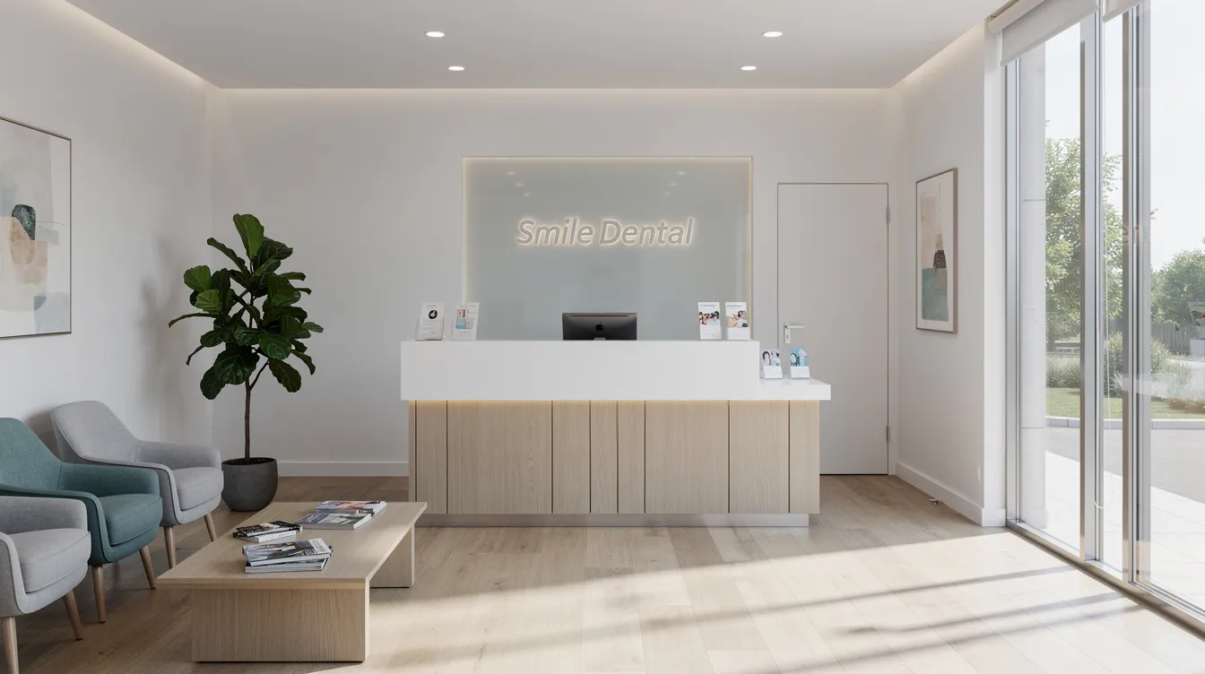 The image depicts a modern dental office reception area featuring a welcoming front desk bathed in natural light, creating a warm atmosphere for patients. This inviting space is designed to enhance patient trust and streamline patient inquiries, essential for effective healthcare services.