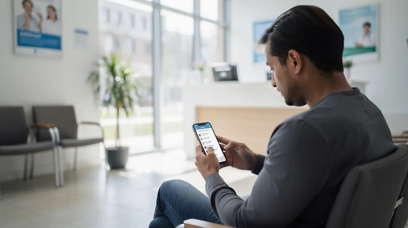 A patient is seated in a brightly lit waiting room, intently using a smartphone to search for healthcare providers online. The scene highlights the importance of effective healthcare SEO strategies in helping prospective patients find relevant medical services through search engines.