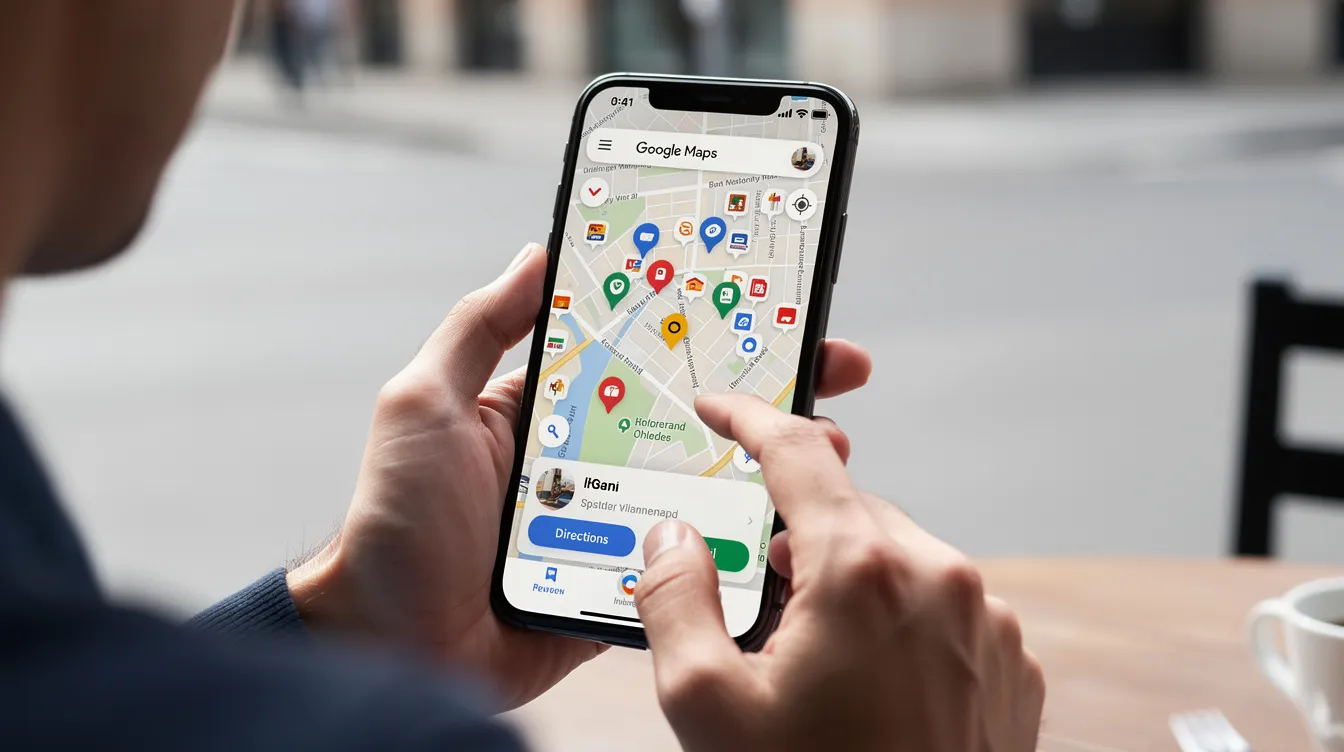 An individual is focused on their smartphone, using Google Maps to locate nearby services, potentially searching for cosmetic dentistry practices to enhance their smile. The screen displays a map with various pins, indicating local cosmetic dental services and other related businesses.