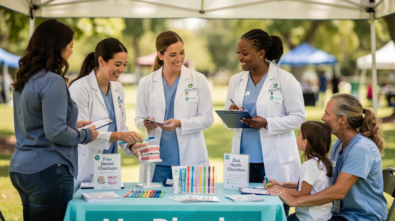 The image shows a friendly dental team at a community health fair booth, actively engaging with visitors and providing information about cosmetic dentistry services. They are showcasing marketing materials related to aesthetic dental procedures, such as teeth whitening and smile makeovers, to attract prospective patients.