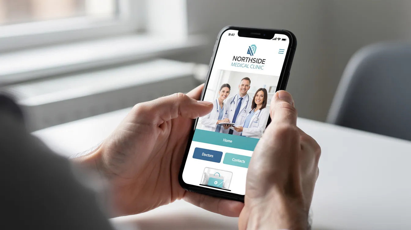 A person is scrolling through a clean and user-friendly medical practice website on their smartphone, showcasing healthcare services and patient testimonials to enhance patient engagement. This digital marketing strategy aims to attract prospective patients and improve the online presence of healthcare providers.