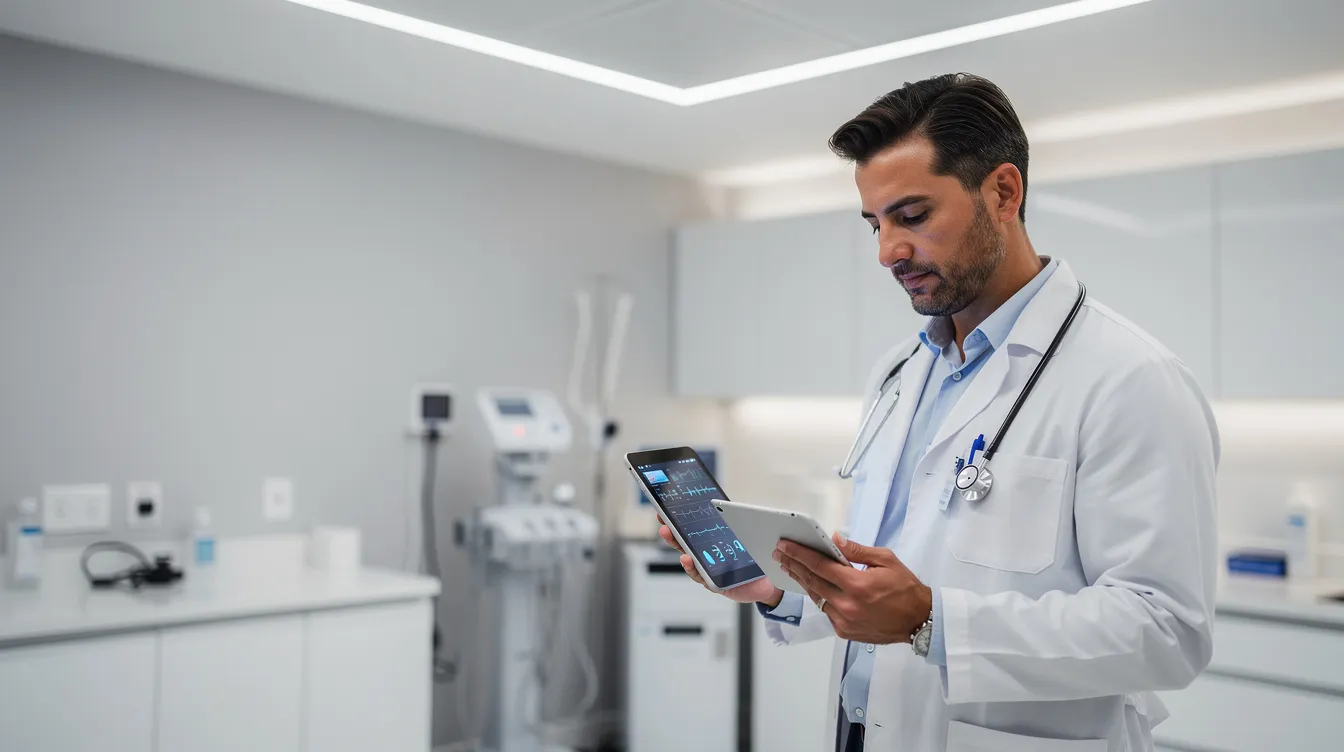 A doctor in a modern, well-lit clinic is focused on reviewing patient data on a tablet, showcasing the integration of technology in healthcare services to enhance patient engagement and streamline medical practice operations. This scene highlights the importance of digital marketing strategies for medical professionals to improve patient experience and drive real patient growth.