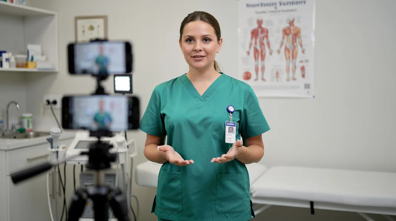 A healthcare professional is seen recording an educational video in a clinical setting, aiming to engage prospective patients through effective digital marketing strategies. The scene highlights the importance of patient education and the role of video marketing in the healthcare industry.
