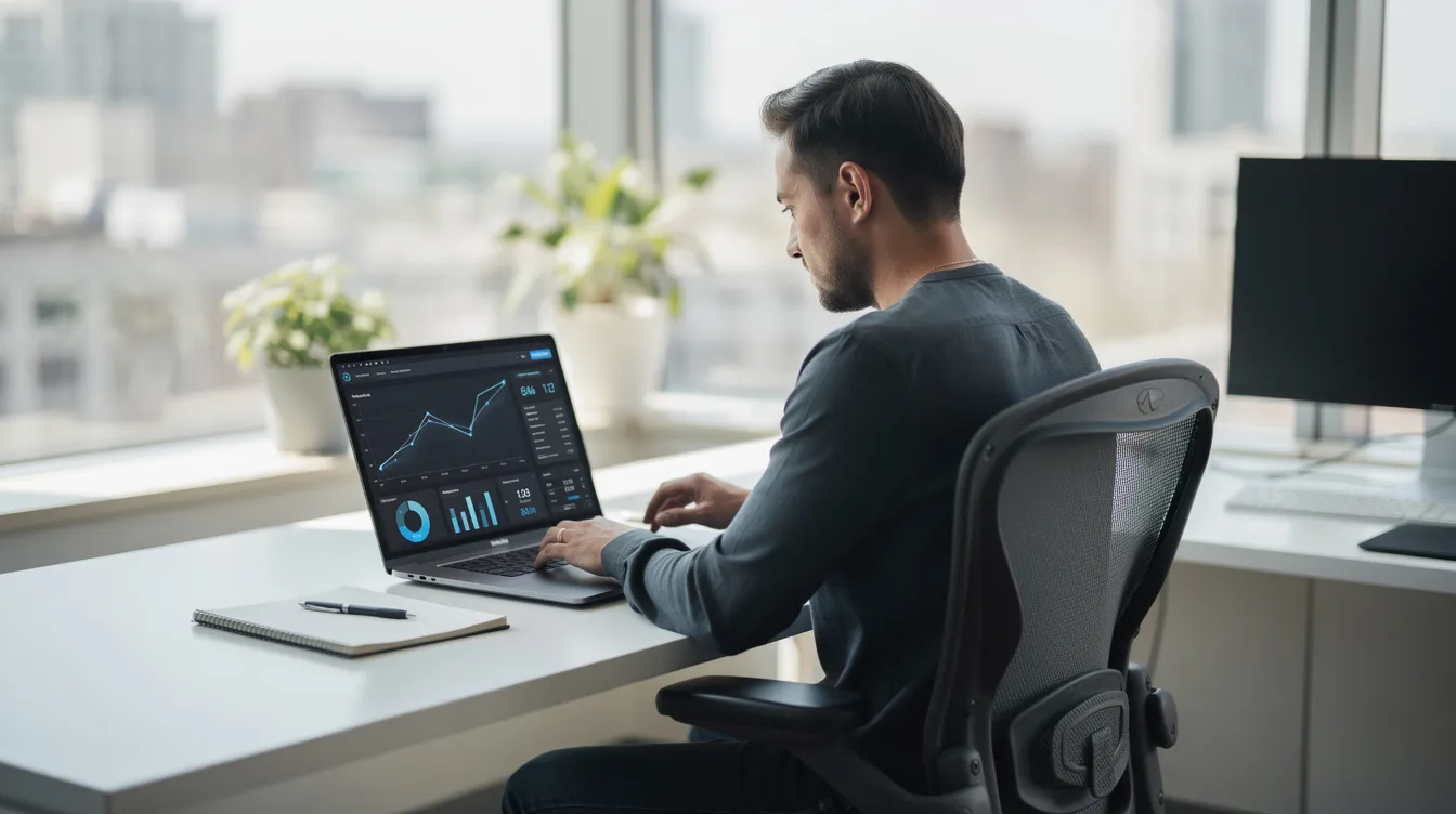 A person is focused on reviewing data displayed on a laptop in a bright, contemporary office environment, which could be relevant for employment law firms looking to enhance their marketing efforts and attract potential clients. The setting reflects a professional atmosphere conducive to analyzing employment law issues and strategizing for effective client engagement.