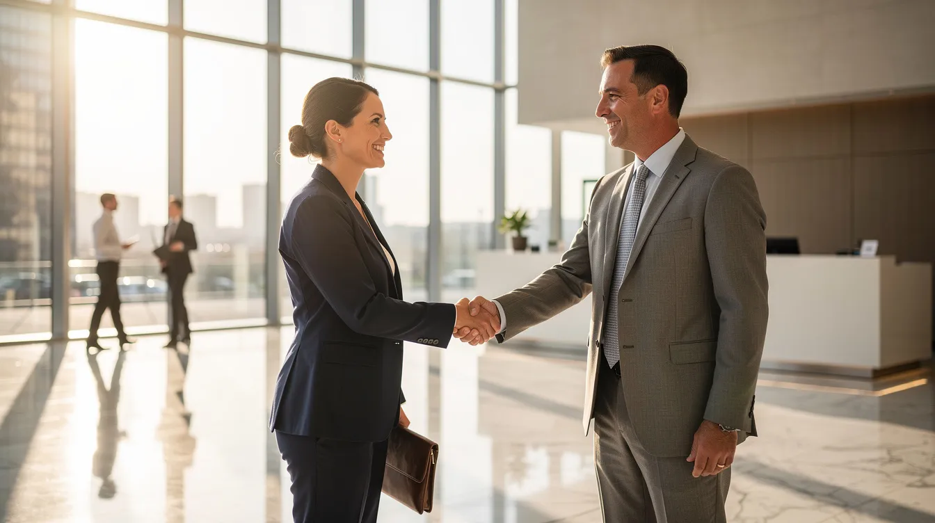 The image depicts two professionals shaking hands in a bright, sunlit office lobby, symbolizing the successful connection between employment law attorneys and prospective clients. This moment reflects the importance of building relationships in the competitive field of employment law, where satisfied clients seek legal guidance for issues such as workplace discrimination and wrongful termination.