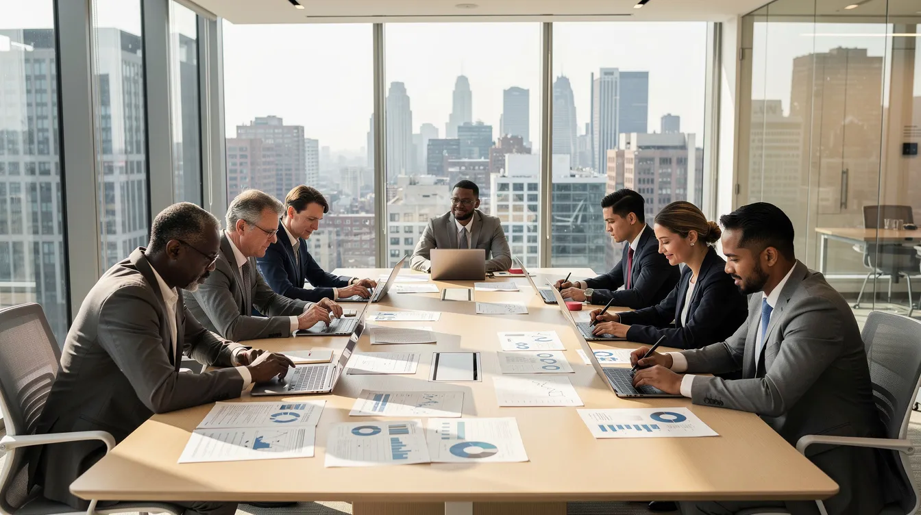 The image depicts a modern professional office setting where a diverse group of people, including employment lawyers and potential clients, are engaged in reviewing documents around a conference table. This collaborative environment highlights the importance of legal guidance in employment law issues such as wrongful termination and workplace discrimination.