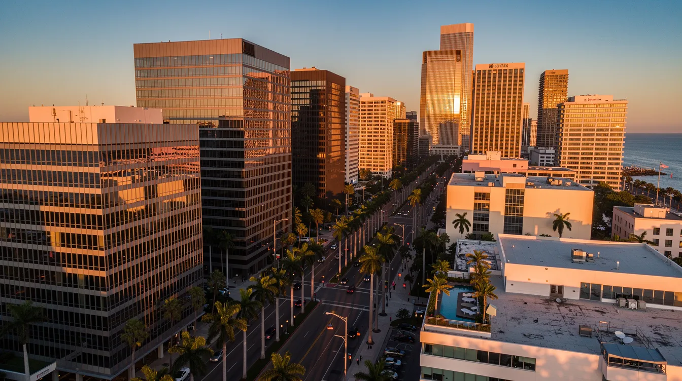 An aerial view captures a vibrant city skyline at golden hour, showcasing a mix of modern office buildings and palm trees. This picturesque scene highlights the bustling environment where employment law firms operate, serving prospective clients with legal guidance on workplace disputes and employment law issues.