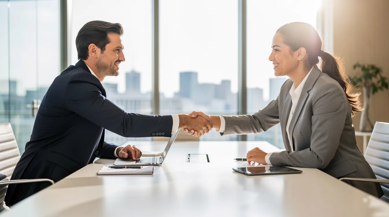 The image depicts two professionals shaking hands across a sleek conference table in a modern office filled with natural light, symbolizing partnership and collaboration in the legal industry. This scene reflects the importance of effective marketing strategies for law firms and the role of legal marketing agencies in fostering client relationships.
