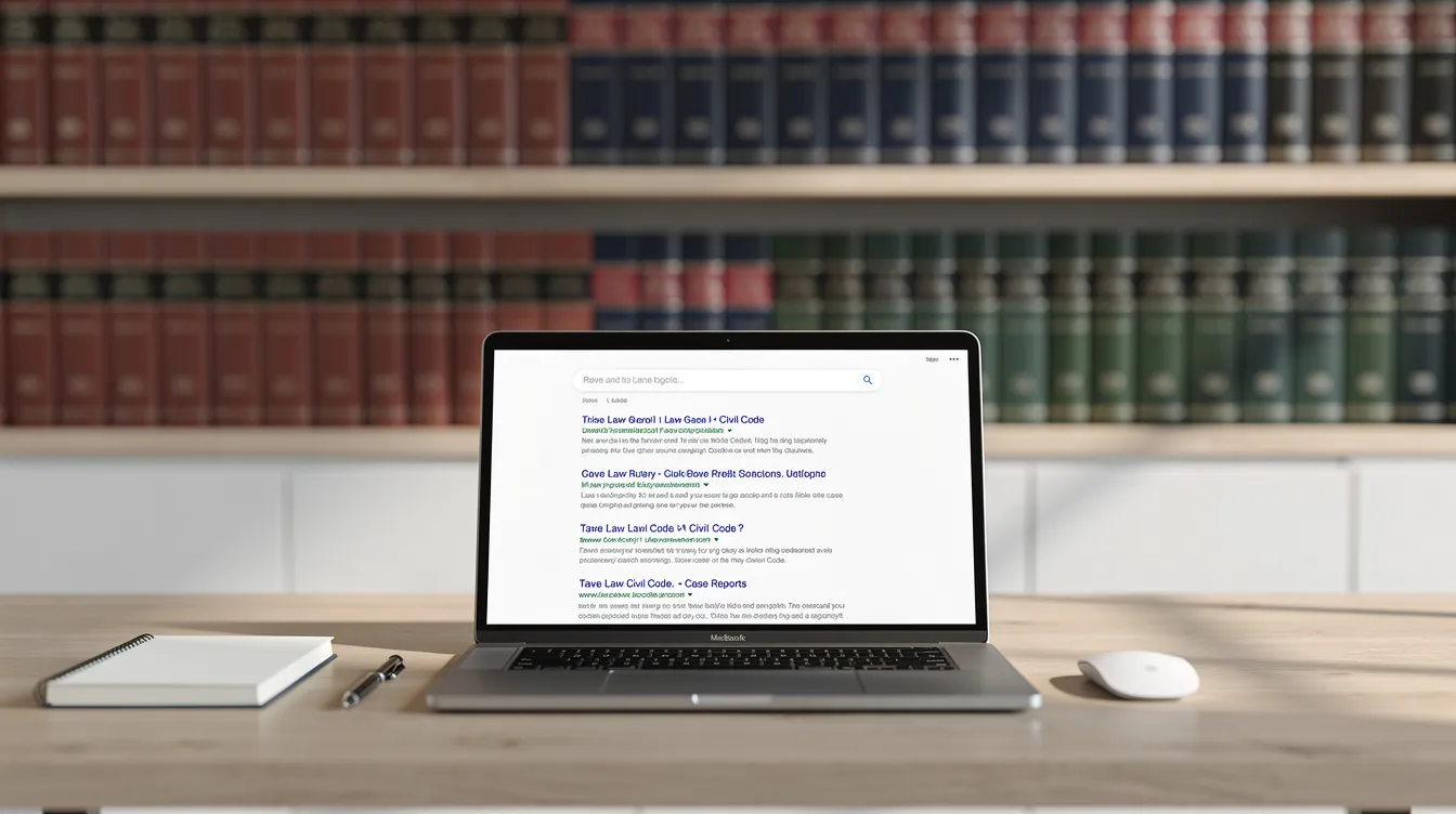 The image depicts a clean workspace featuring a laptop that displays search engine results, while legal reference books are neatly arranged on a shelf in the background, suggesting a focus on digital marketing strategies for law firms. This setup reflects the essential tools used by legal marketing agencies to enhance web presence and client acquisition in the competitive legal industry.