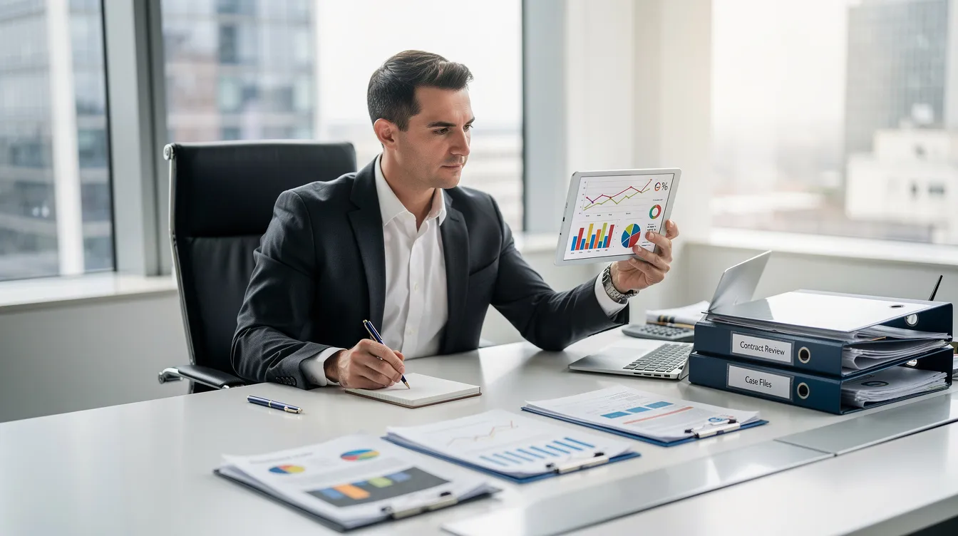 An attorney is seated at a modern, well-lit desk, intently reviewing analytics on a tablet device, with various legal documents spread out nearby. This scene highlights the importance of data-driven strategies in legal marketing for law firms seeking to enhance their client acquisition efforts.