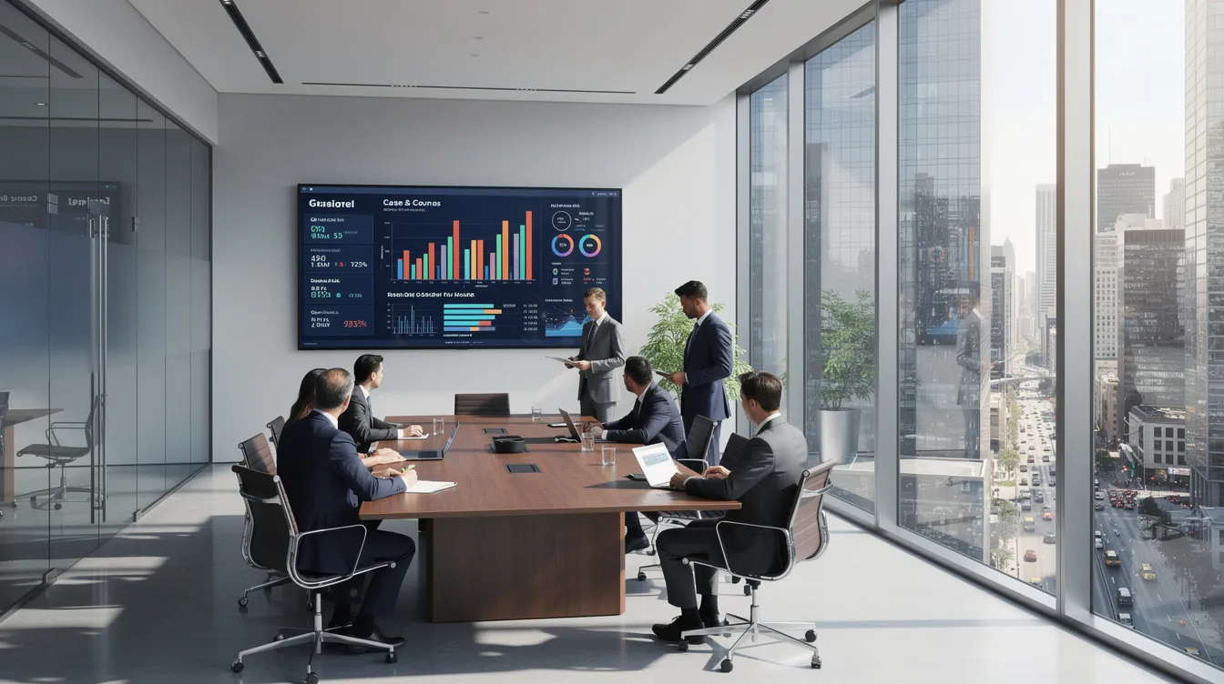 The image depicts a modern law office conference room where attorneys are engaged in a discussion while reviewing data on a large screen, with a stunning city skyline visible through expansive floor-to-ceiling windows. This setting highlights the collaborative environment of legal professionals as they strategize for effective marketing efforts and client acquisition in the competitive legal industry.