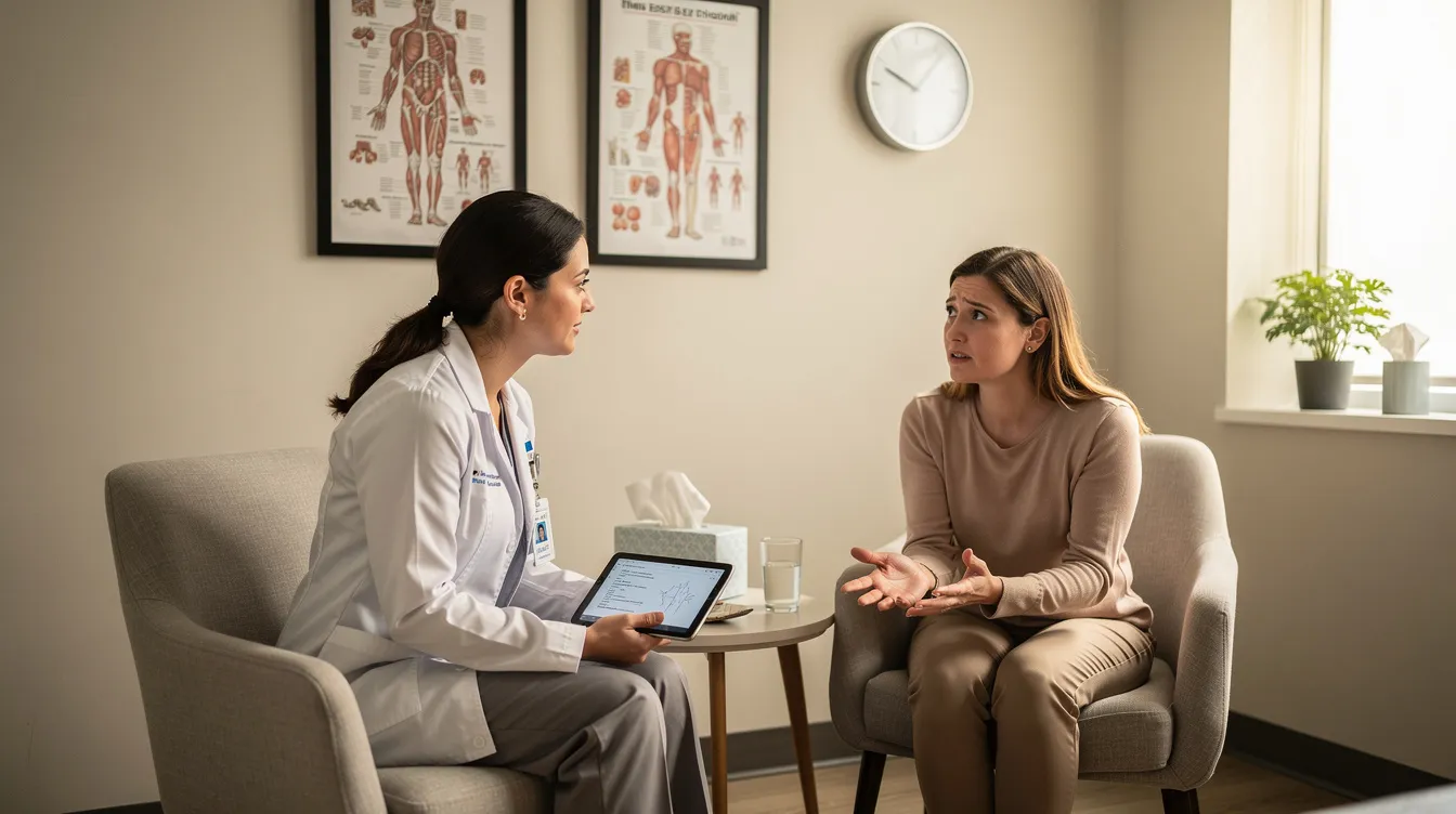 A medical provider engages warmly with a patient in a comfortable treatment room, fostering a supportive atmosphere for discussing aesthetic procedures. This setting highlights the importance of personalized care in the med spa industry, aiming to attract new clients and enhance brand visibility through effective marketing strategies.