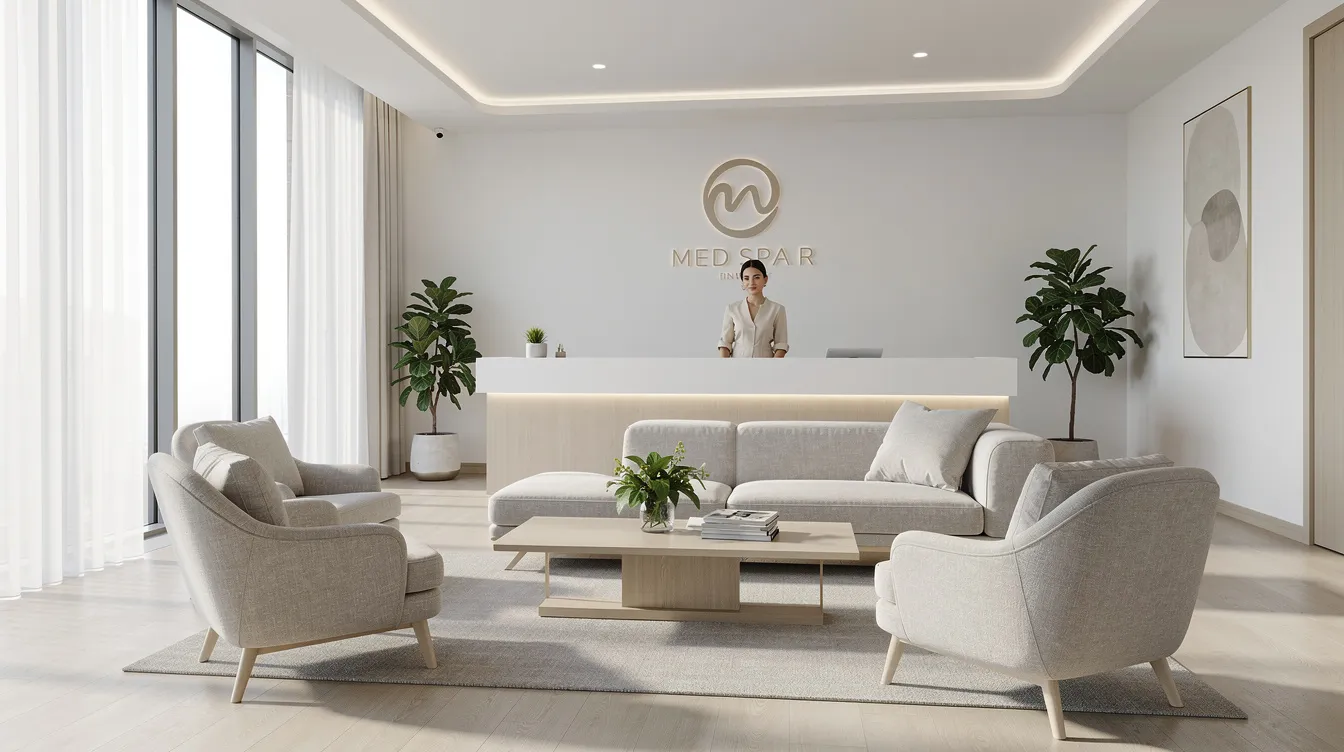 The image depicts a modern med spa reception area characterized by a clean, minimalist design, abundant natural light, and comfortable seating, creating an inviting atmosphere for clients. This welcoming space is ideal for attracting new clients and enhancing the overall patient journey in the med spa industry.
