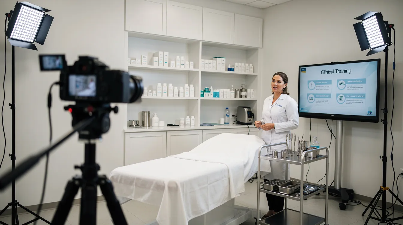 The image depicts a professional filming setup in a clean clinical treatment room, where educational video content is being produced for a med spa. The environment is organized and bright, showcasing the space's focus on aesthetic procedures and client education, essential for attracting new clients and enhancing online visibility.