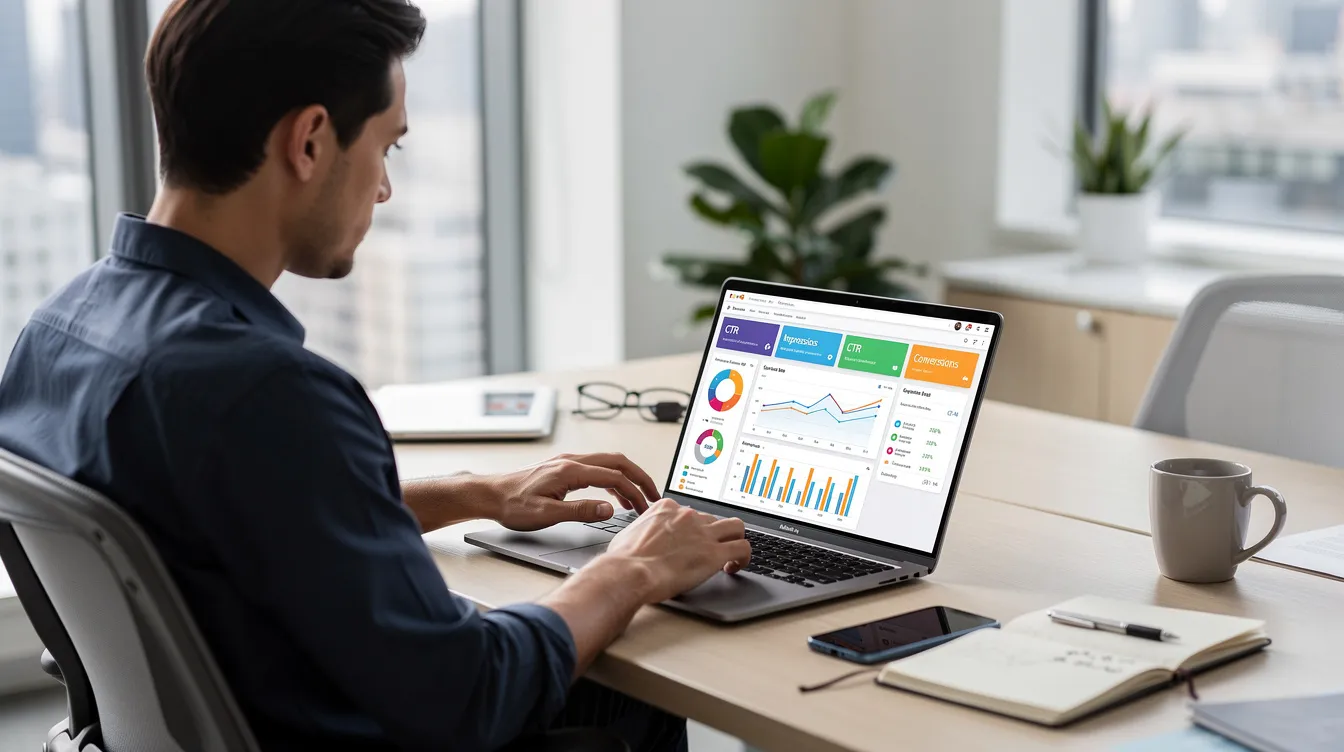 A person is focused on reviewing advertising performance data on a laptop in a sleek, modern office, analyzing metrics that could enhance the marketing strategy for local businesses, particularly in the med spa industry. The setting conveys a professional atmosphere conducive to improving brand visibility and attracting new clients through effective digital marketing efforts.
