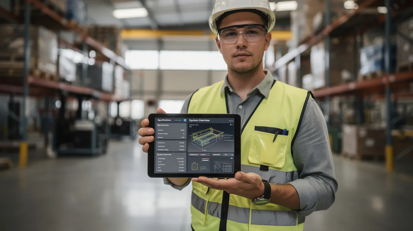 An engineer is intently reviewing technical specifications on a tablet while surrounded by various industrial equipment in a spacious warehouse. This scene highlights the integration of digital marketing strategies in the industrial sector, emphasizing the importance of digital tools for enhancing productivity and communication in industrial businesses.